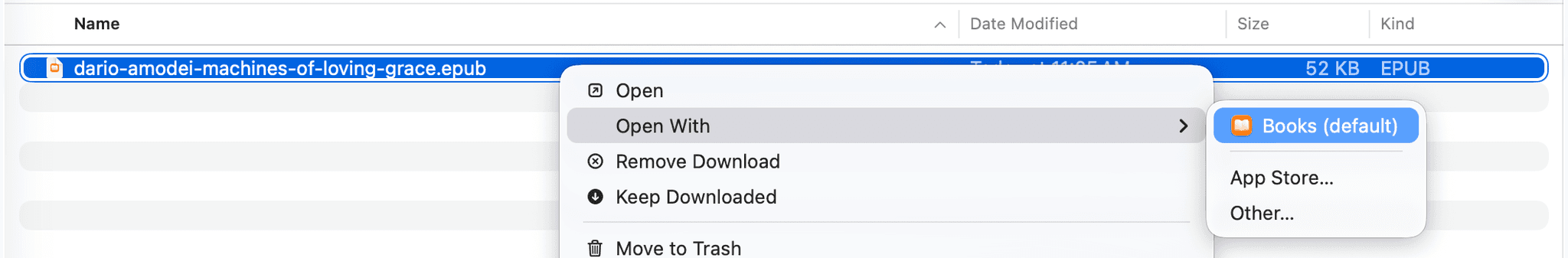 Right-click the EPUB file, select Open With, then choose Books